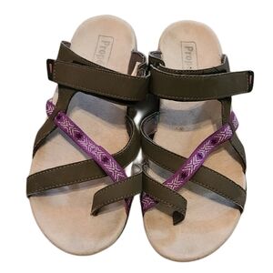 Women's Propét Contoured Comfort Sandals    Brownish/Green with Purple Accent